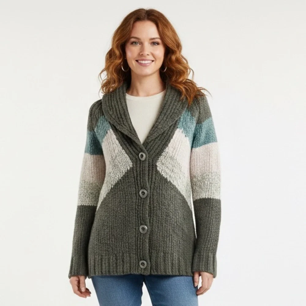 Free People Chunky Knit Shawl Collar Geometric Cardigan Sweater